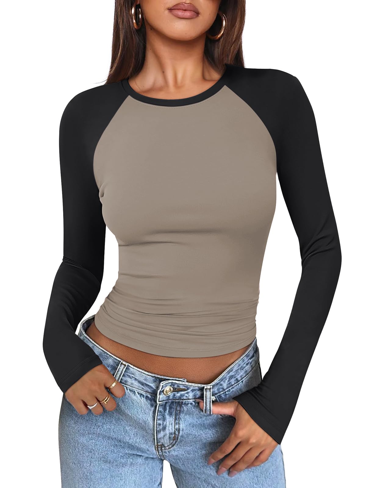 Women's Long Sleeve Shirts Slim Fit Stretchy Color Block Slightly Cropped Tops