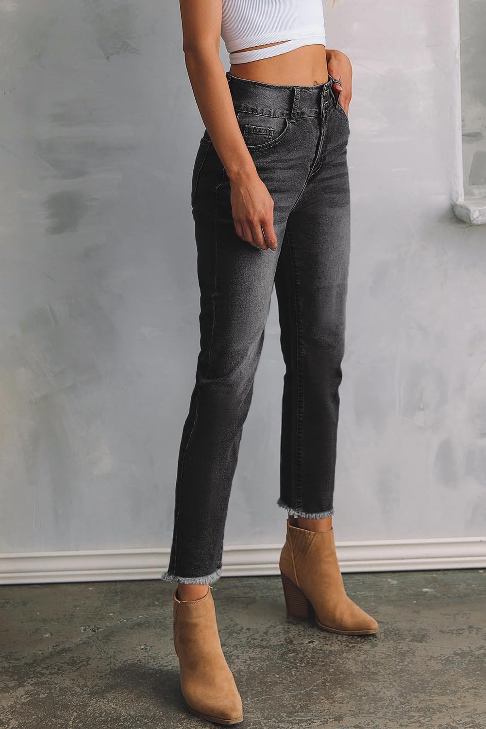 Women's High Waisted Jeans Strechy Raw Hem Straight Leg Denim Pants with Pockets