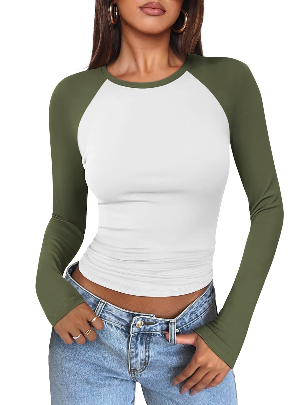 Women's Long Sleeve Shirts Slim Fit Stretchy Color Block Slightly Cropped Tops