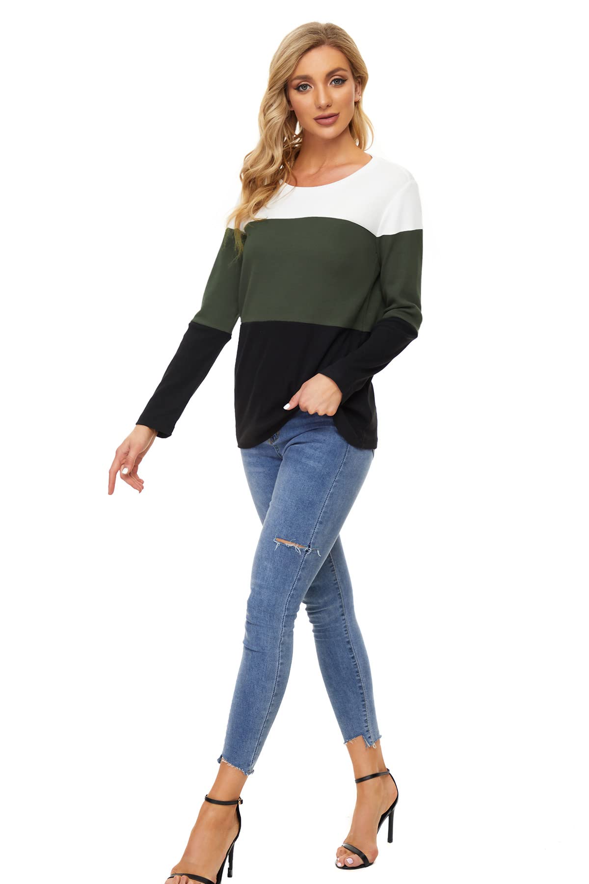 Womens Color Block Loose Long/Short Sleeve T Shirts Casual Comfy Tops