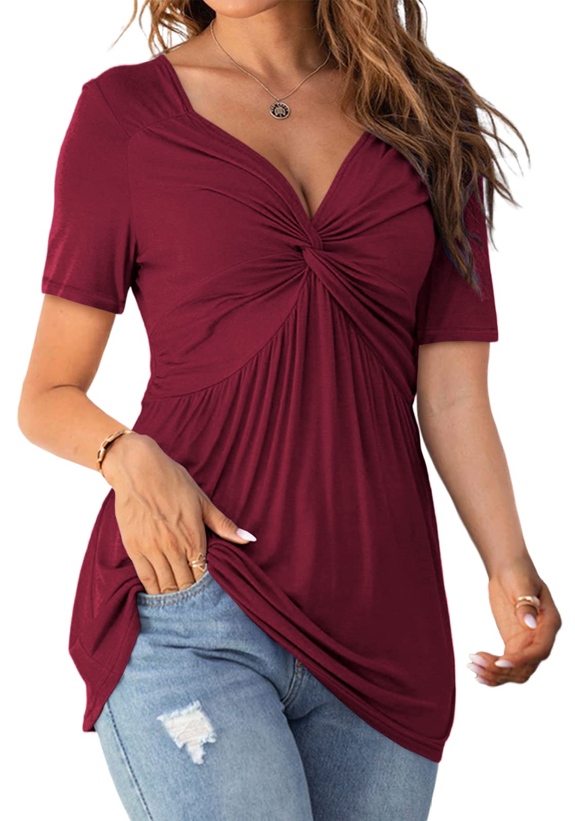 Womens Front Knotted V-Neck Blouse T Shirt Short Sleeve Oversized Tunic Tops Summer Solid Pullover Tees