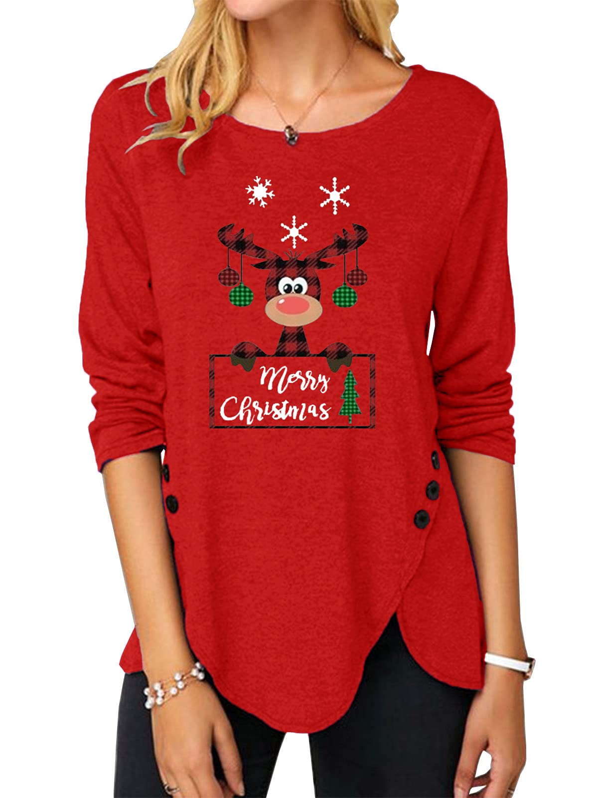 Womens Casual Long Sleeve Tunic Shirts Round Neck Button Side Blouses Tops