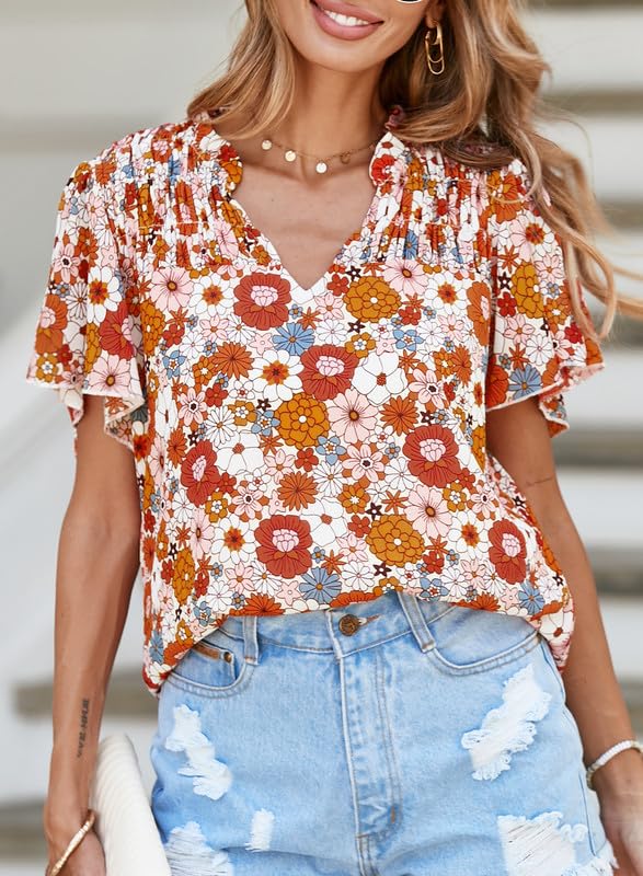 Women's Casual V Neck Floral Print Smocked Short Sleeve Chiffon Blouses Bohemian Top Shirts