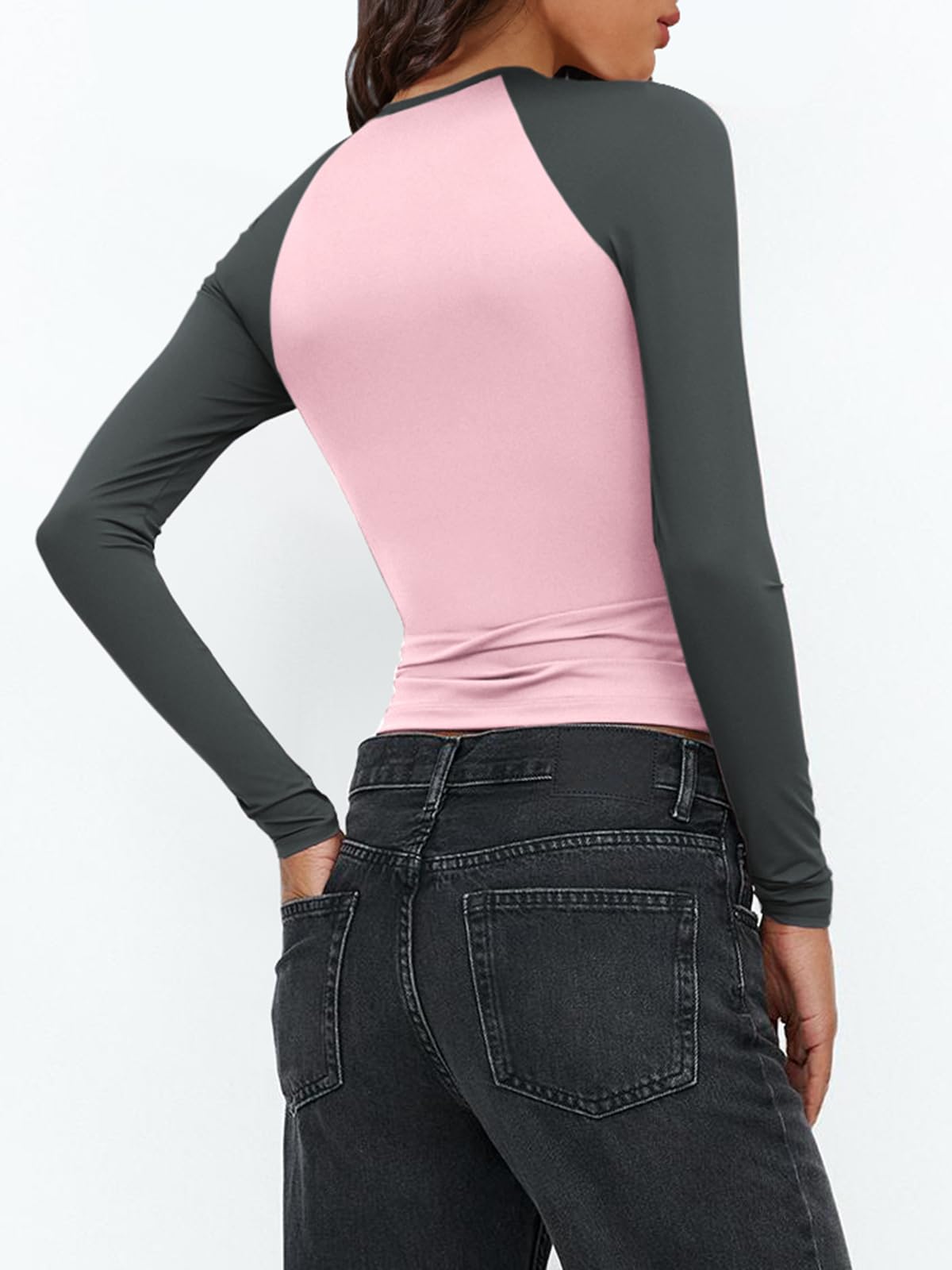 Women's Long Sleeve Shirts Slim Fit Stretchy Color Block Slightly Cropped Tops