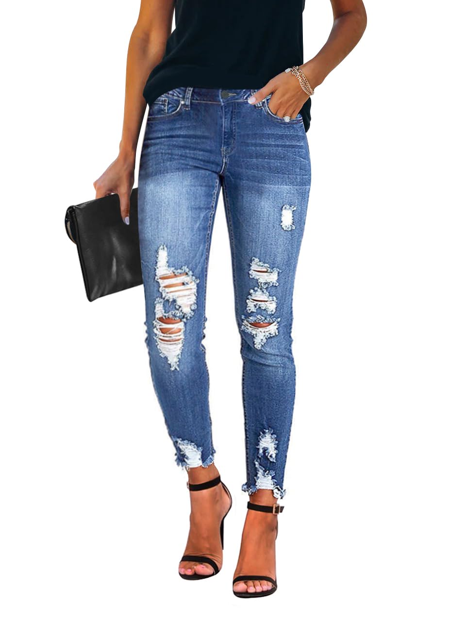 Women's Ripped Skinny Jeans Distressed Stretchy Denim Pants
