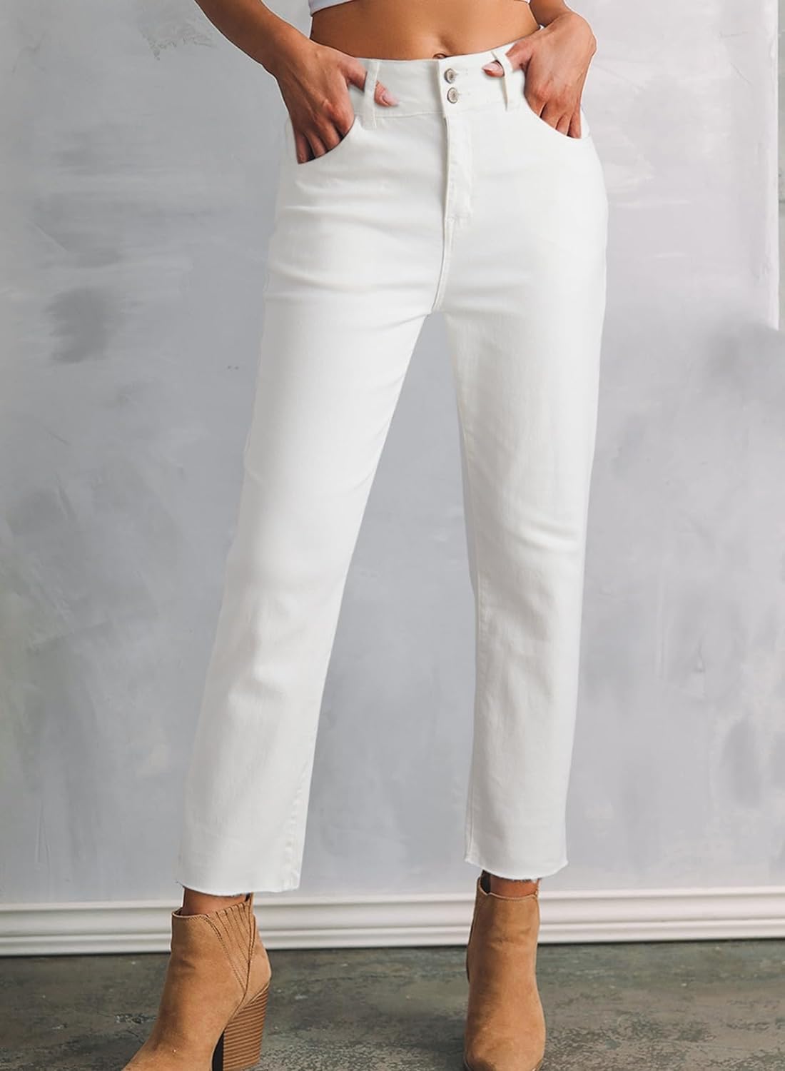 Women's High Waisted Jeans Strechy Raw Hem Straight Leg Denim Pants with Pockets