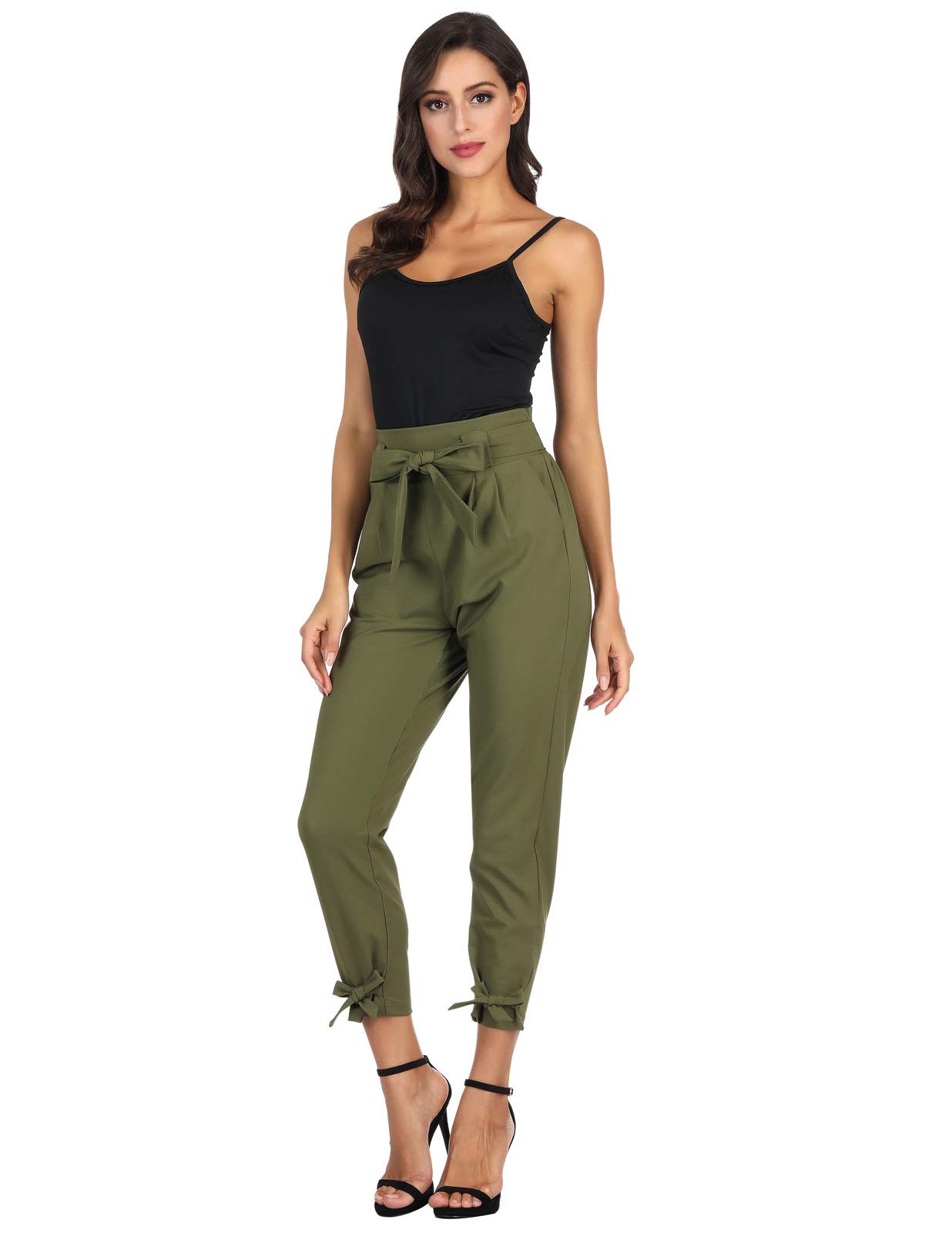 Women’s Casual High Waist Pencil Pants with Pockets Bow-Knot Cropped Paper Bag Pants