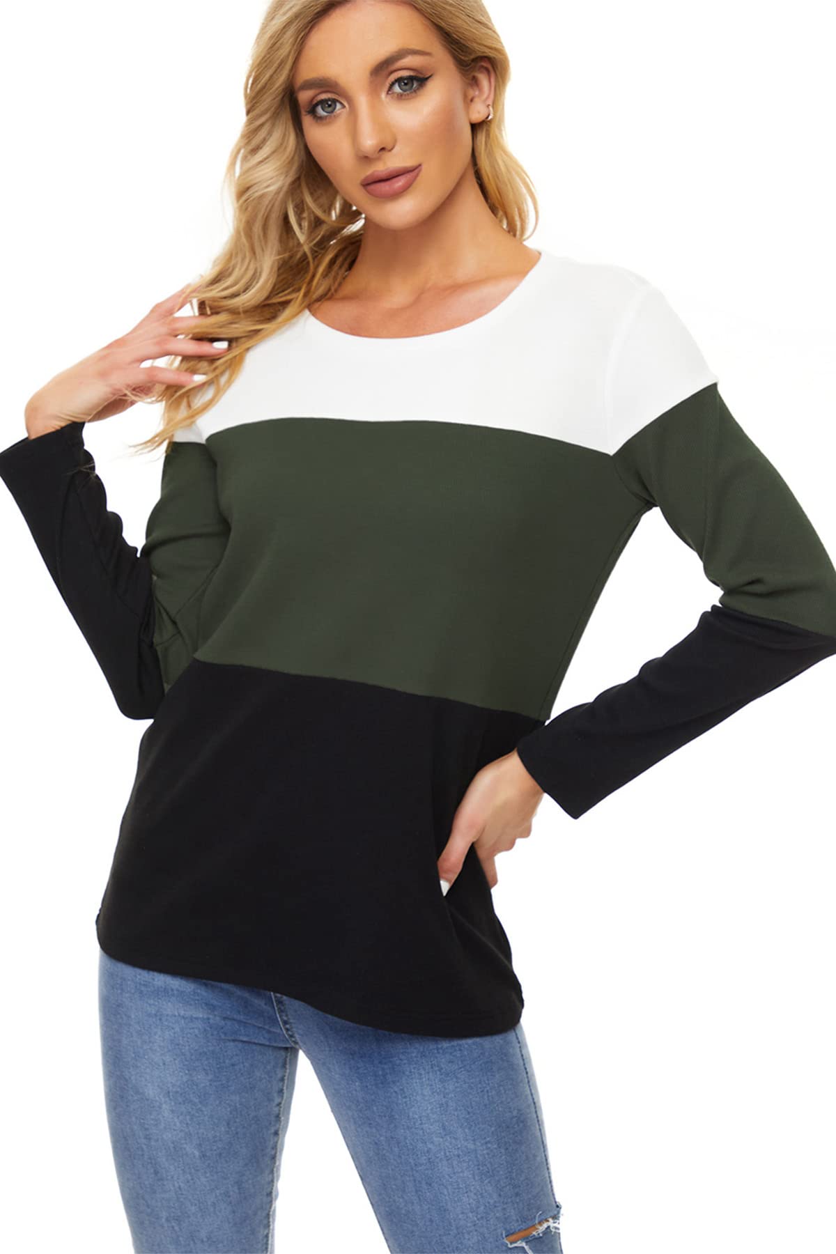 Womens Color Block Loose Long/Short Sleeve T Shirts Casual Comfy Tops