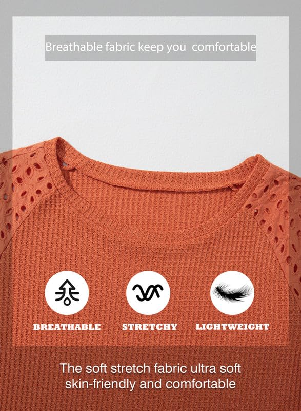 Women's Waffle Knit Tops Casual Crew Neck Hollow Out Raglan Short Sleeve Summer T-Shirts Blouses