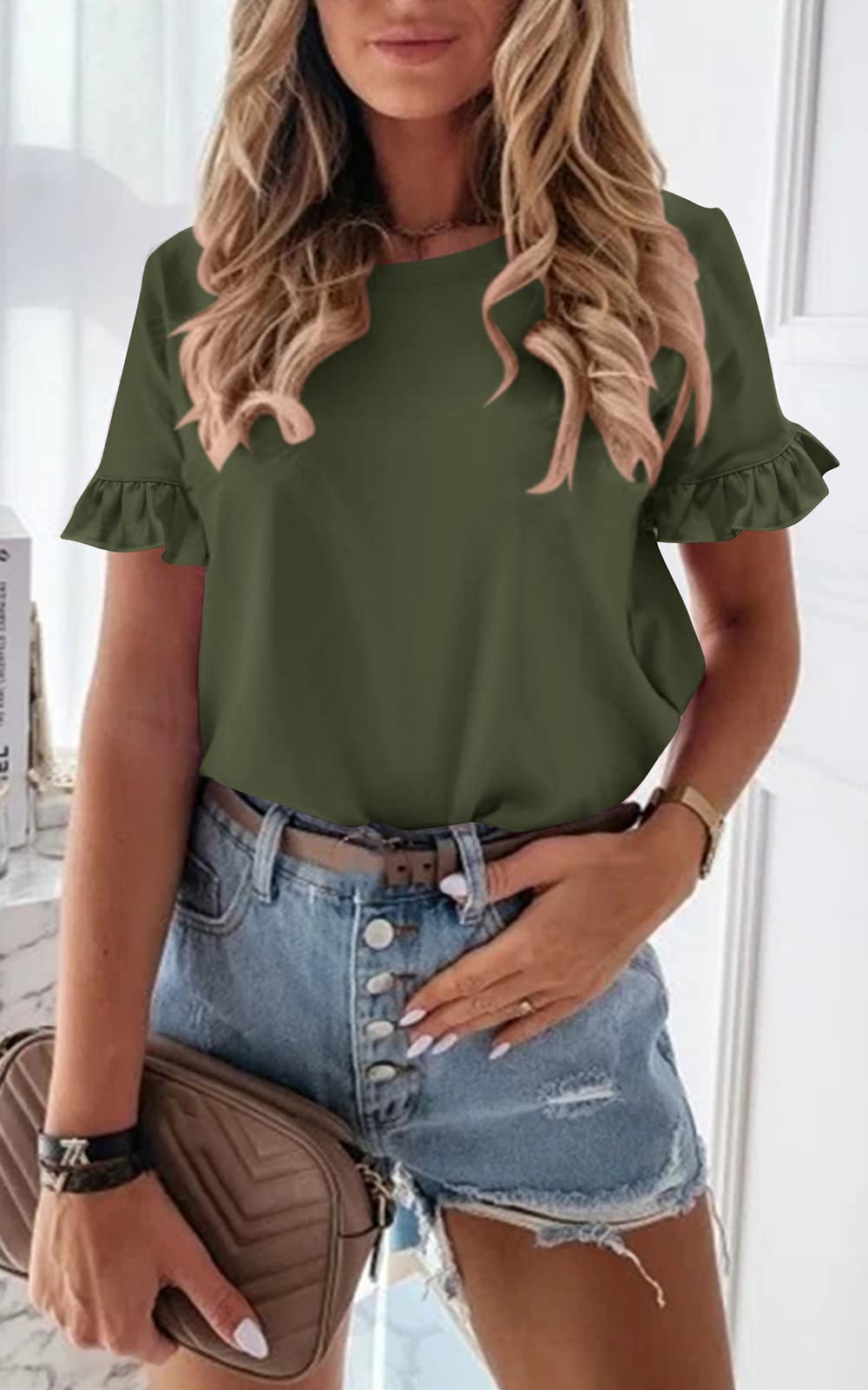 Women's Short Sleeve Casual T Shirts Summer Ruffle Plain Round Neck Loose Fit Tee Blouse Tops