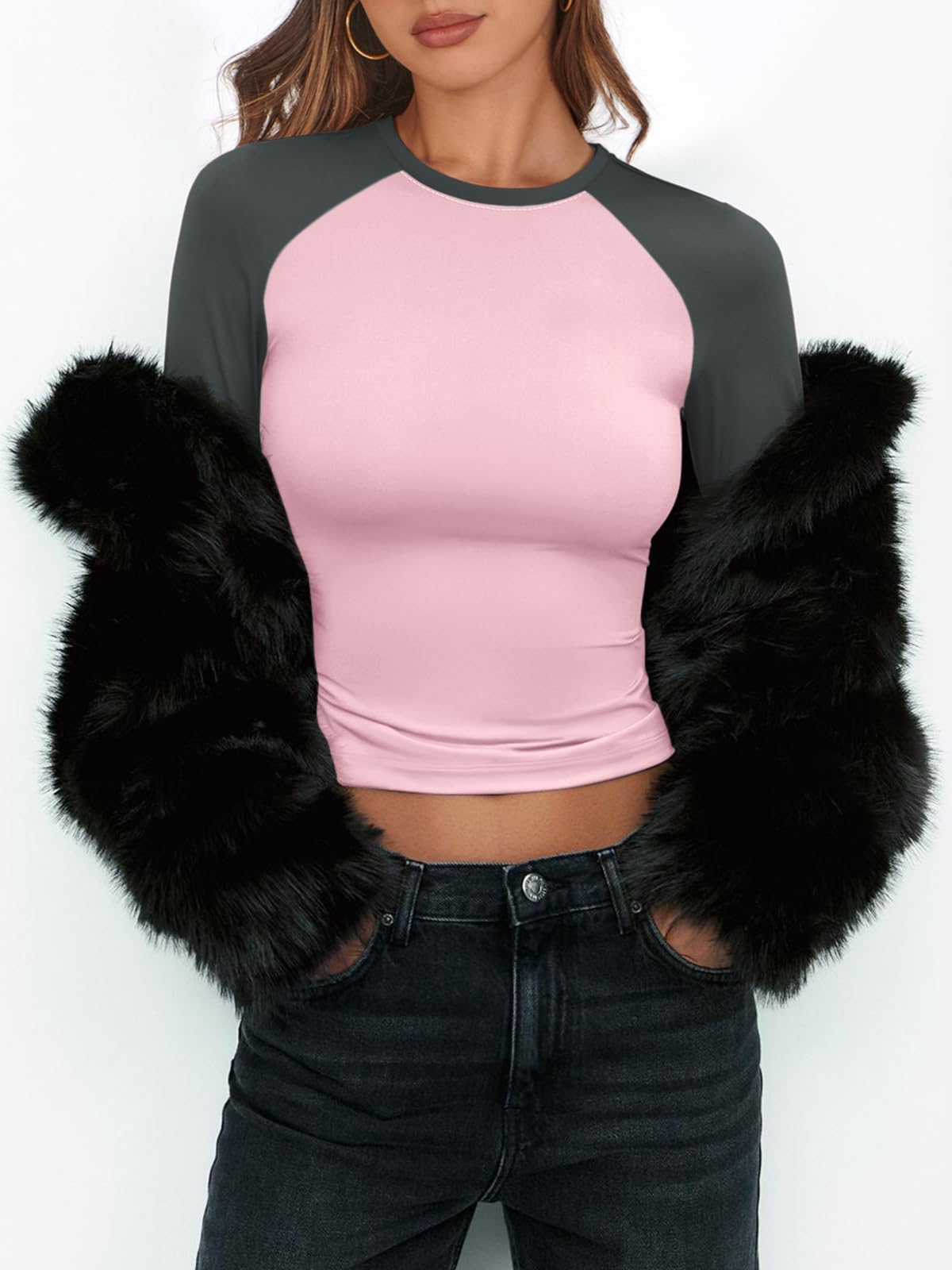 Women's Long Sleeve Shirts Slim Fit Stretchy Color Block Slightly Cropped Tops