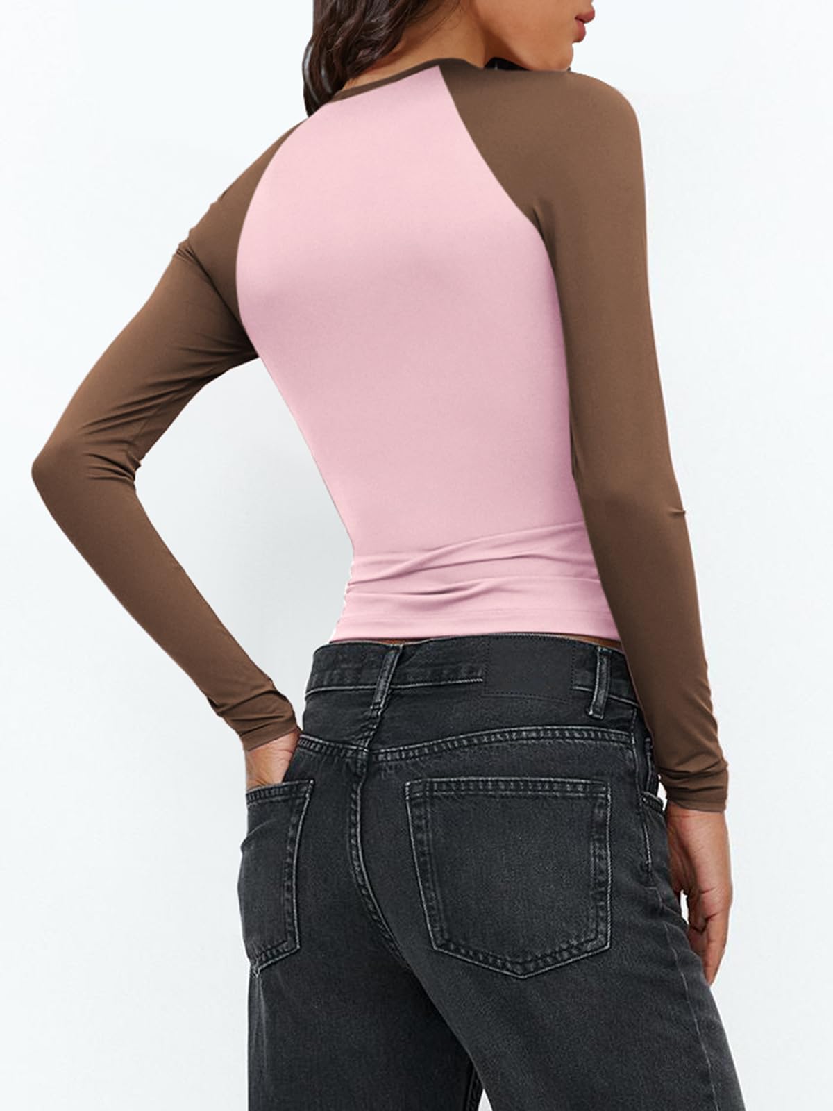 Women's Long Sleeve Shirts Slim Fit Stretchy Color Block Slightly Cropped Tops