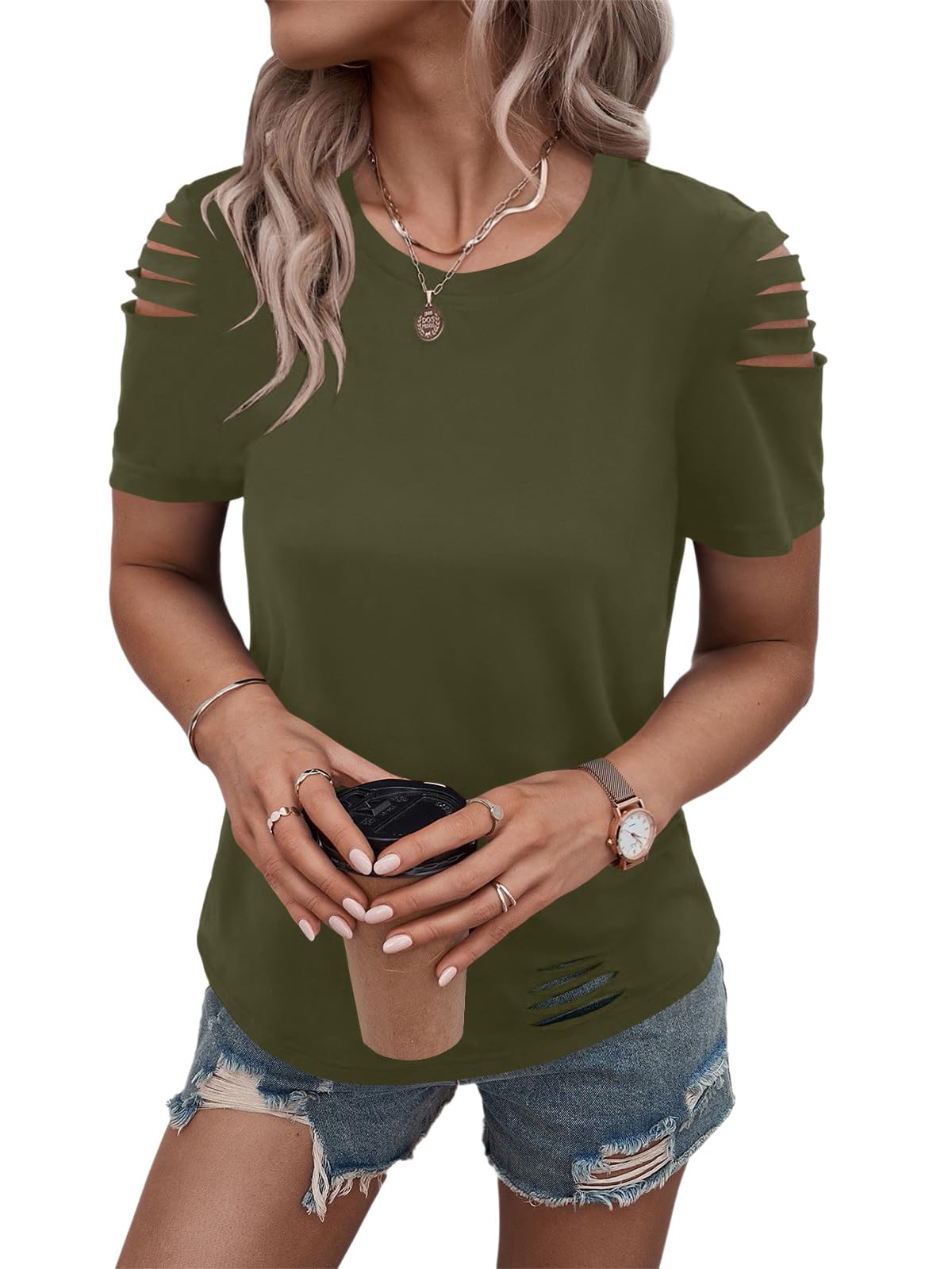 Women's Short Sleeve T Shirts Crew Neck Ripped Cut Out Summer Casual Basic Tees Tops