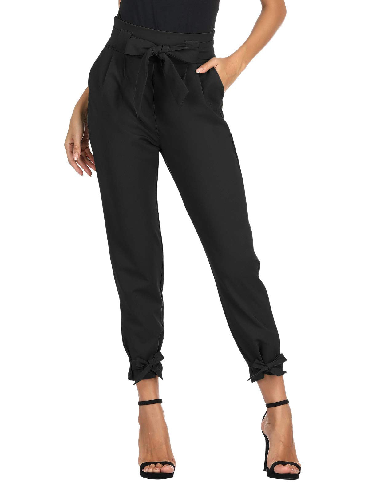 Women’s Casual High Waist Pencil Pants with Pockets Bow-Knot Cropped Paper Bag Pants