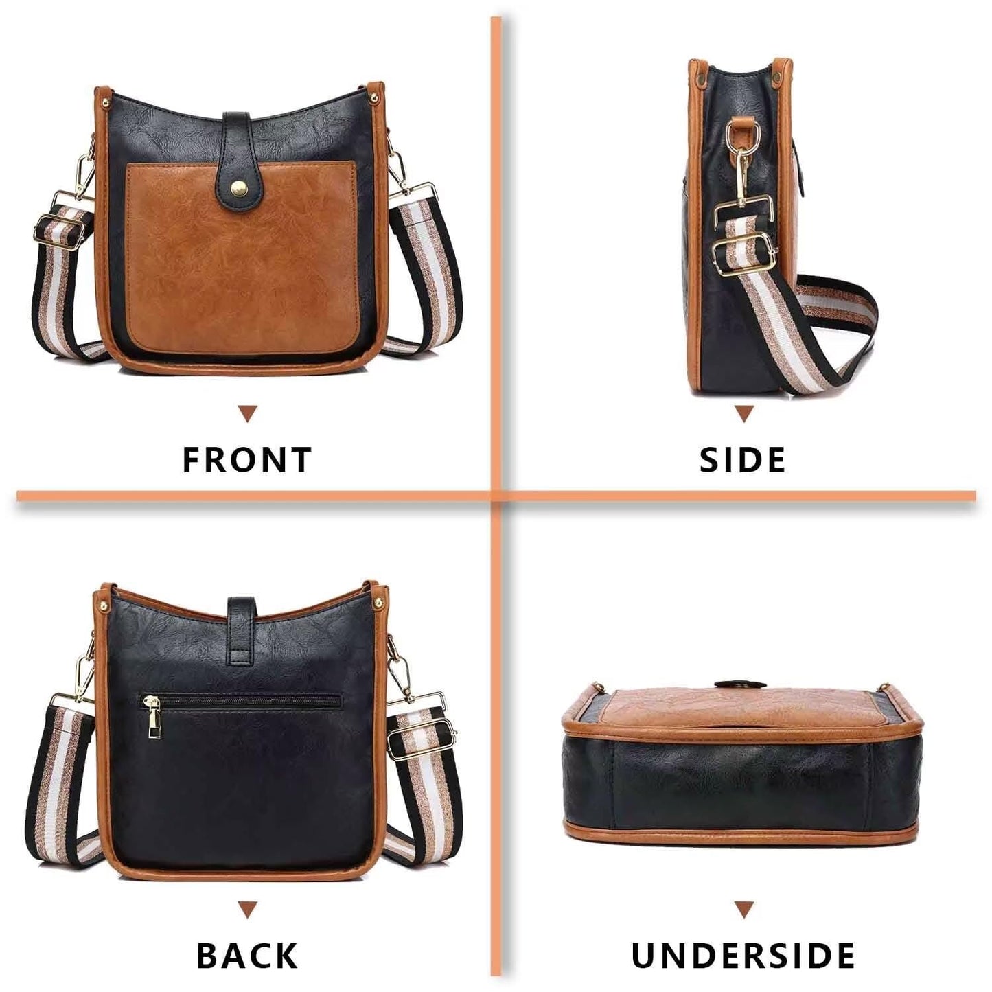 Vegan Leather Crossbody Bags for Women, Crossbody Purse with Guitar Strap Zipped Pockets Handbag