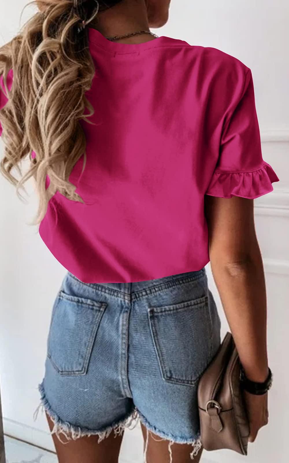 Women's Short Sleeve Casual T Shirts Summer Ruffle Plain Round Neck Loose Fit Tee Blouse Tops