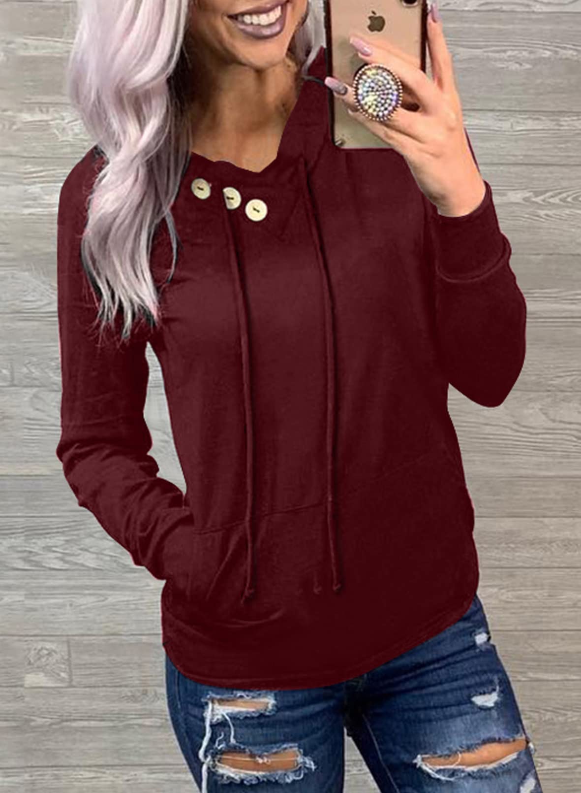 Women's Casual Long Sleeve Hoodies Sweatshirts Drawstring Pullover Tunic Tops With Pockets
