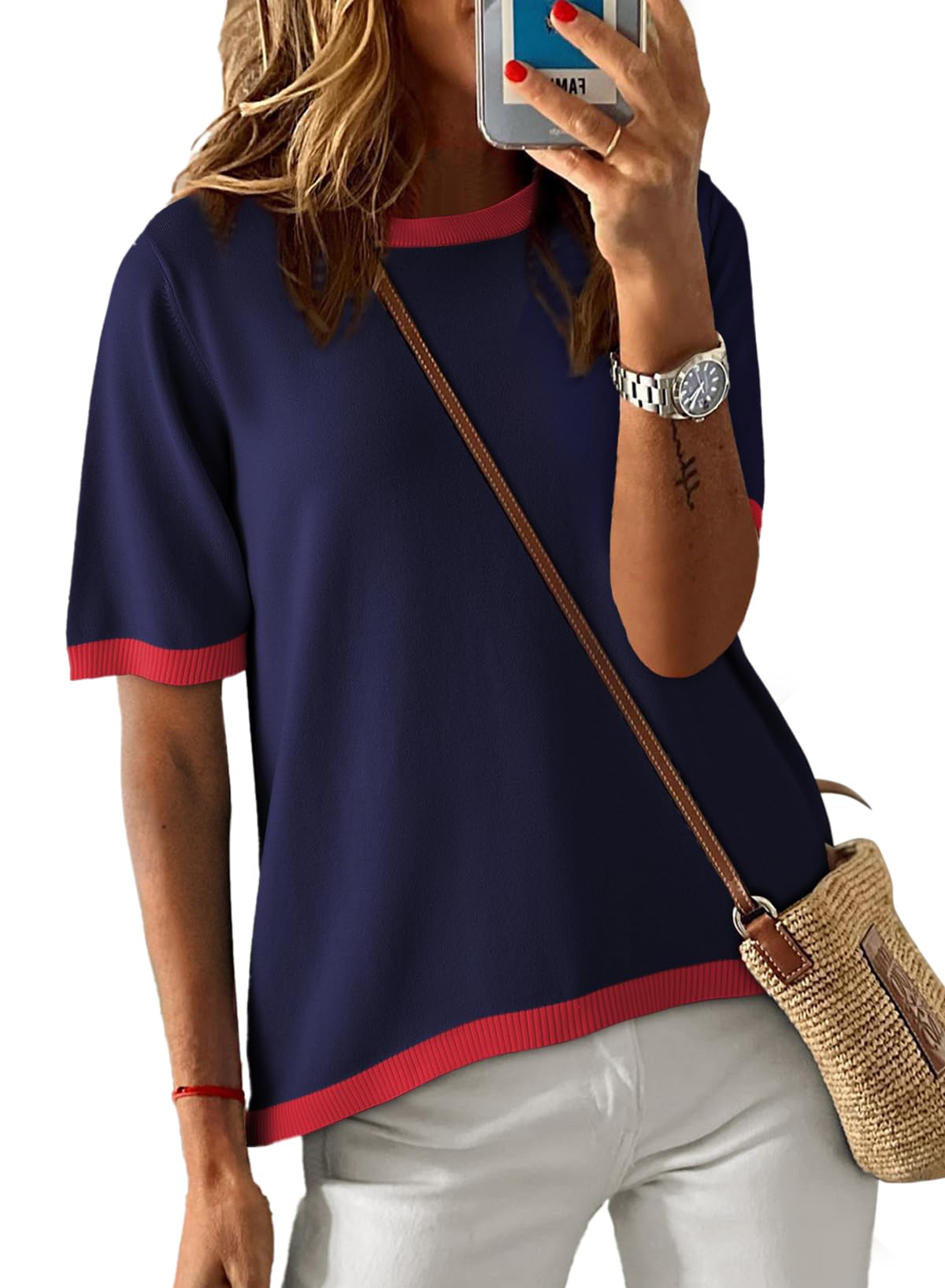 Womens Tops CasualCrewneck Short Sleeve Striped Color Block Knit Trendy Pullover Sweaters