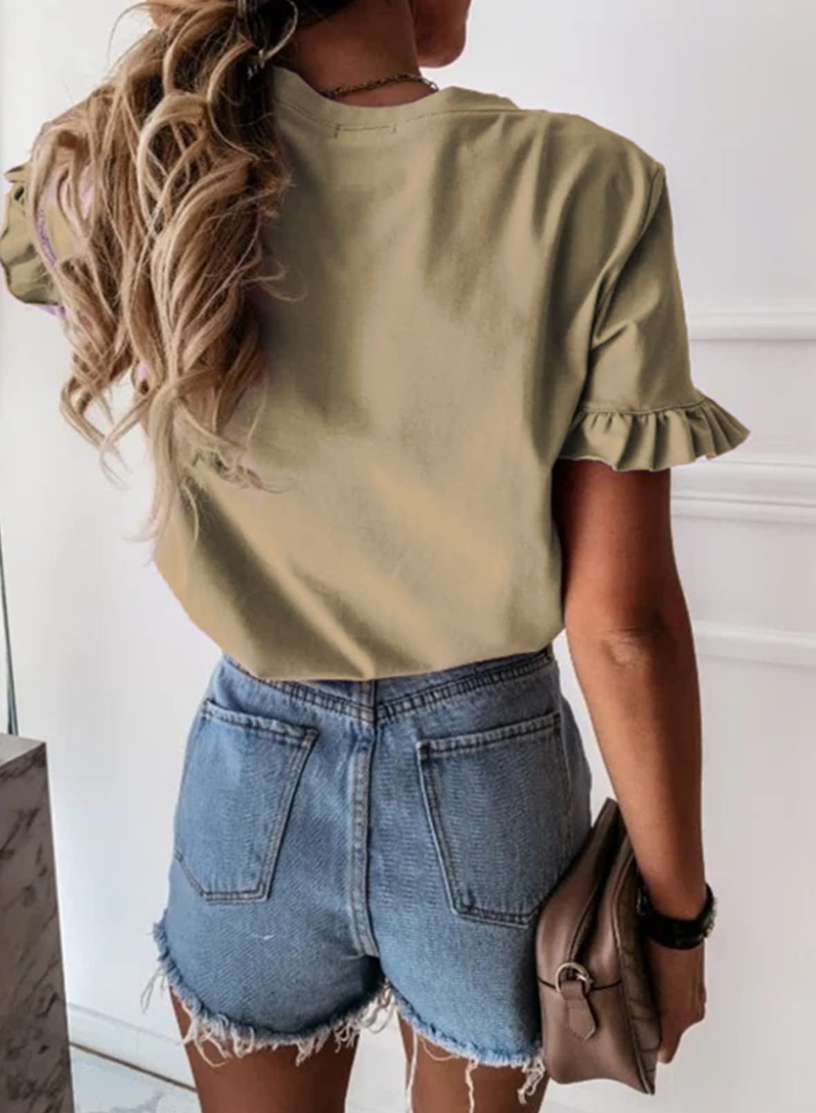 Women's Short Sleeve Casual T Shirts Summer Ruffle Plain Round Neck Loose Fit Tee Blouse Tops