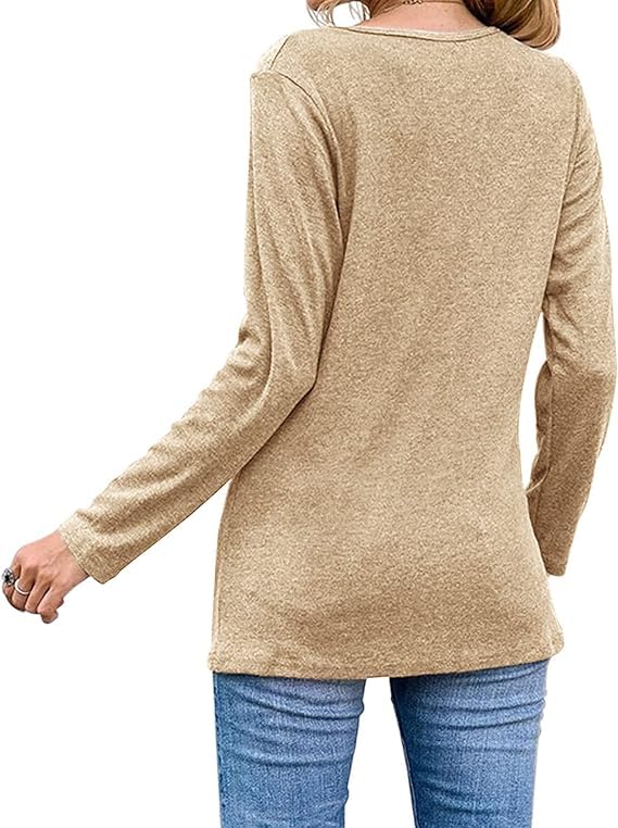 Womens Casual Long Sleeve Tunic Shirts Round Neck Button Side Blouses Tops
