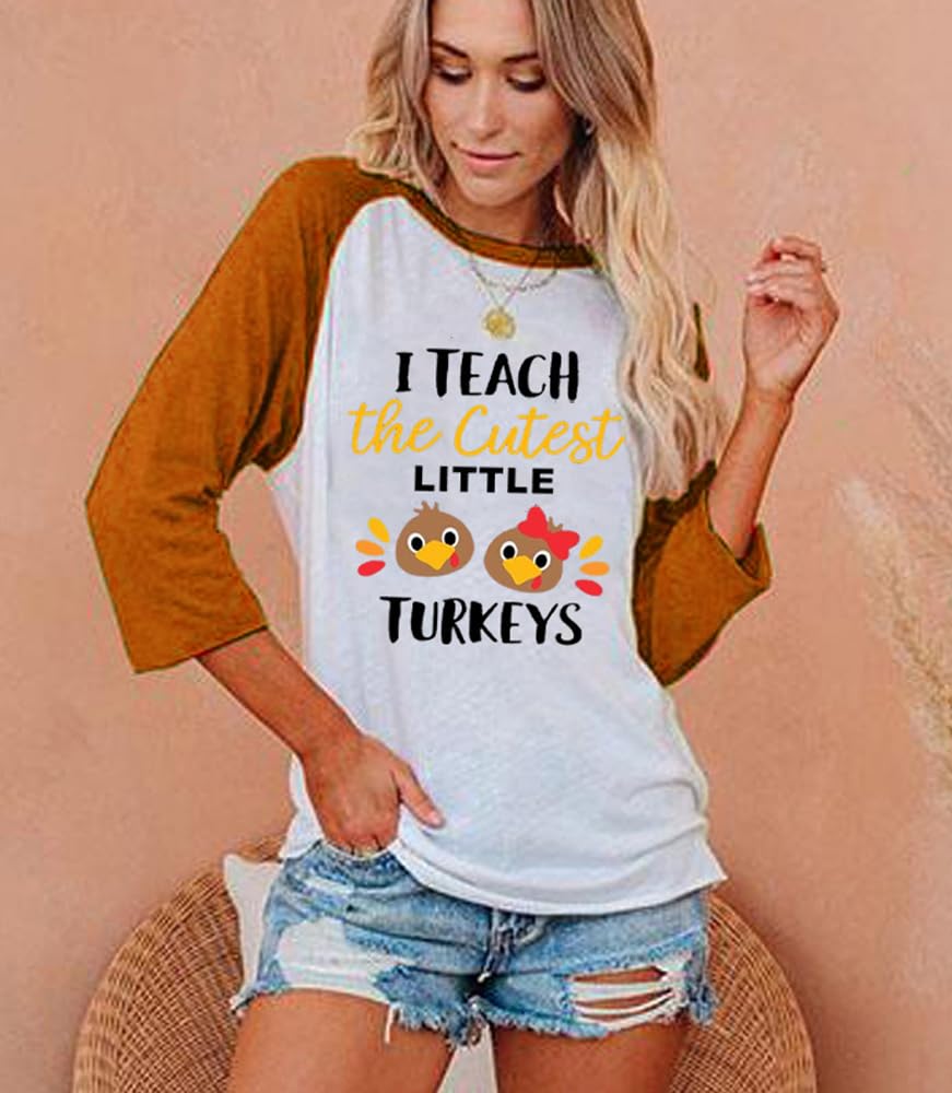 Thankful for My Little Turkeys Shirt Women Thanksgiving Tshirt Cute Graphic Raglan 3/4 Sleeve Baseball Tee Tops