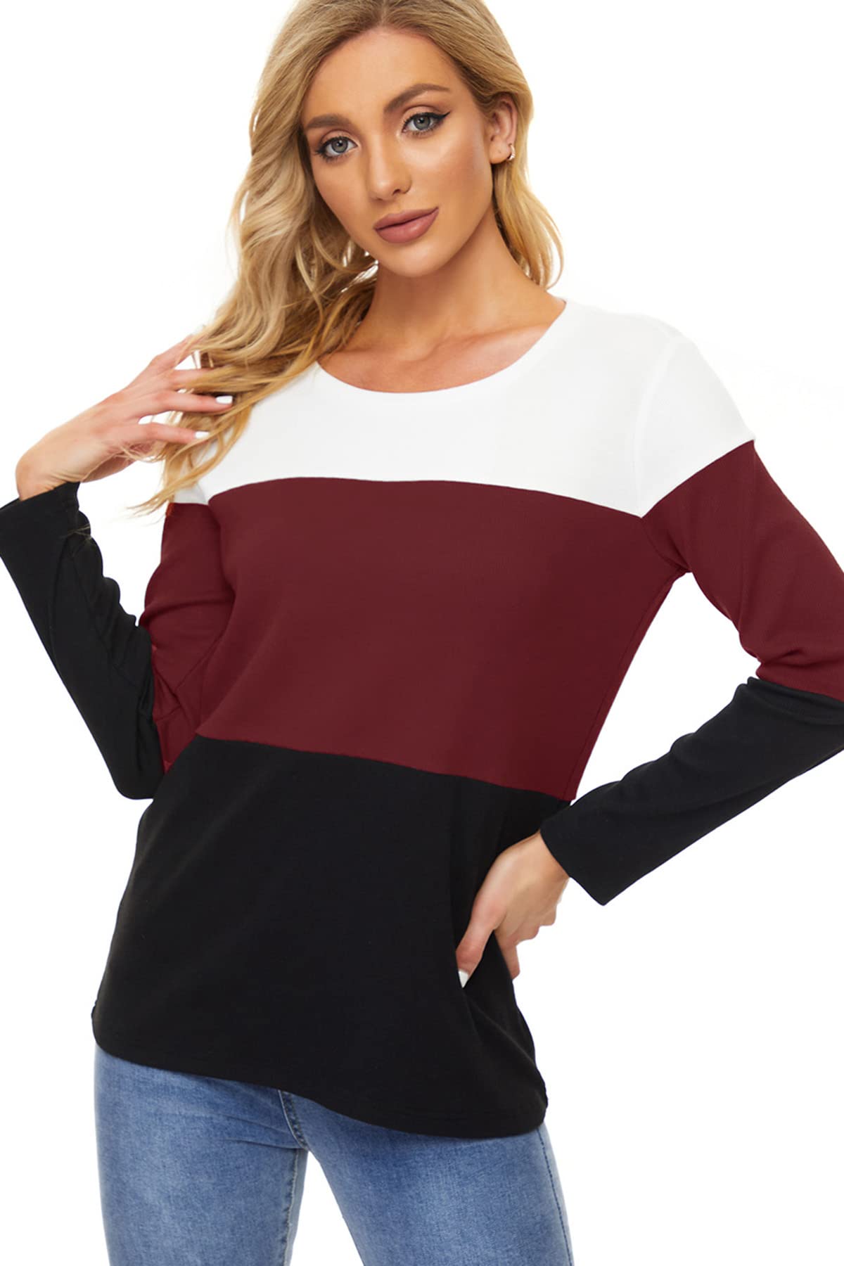 Womens Color Block Loose Long/Short Sleeve T Shirts Casual Comfy Tops