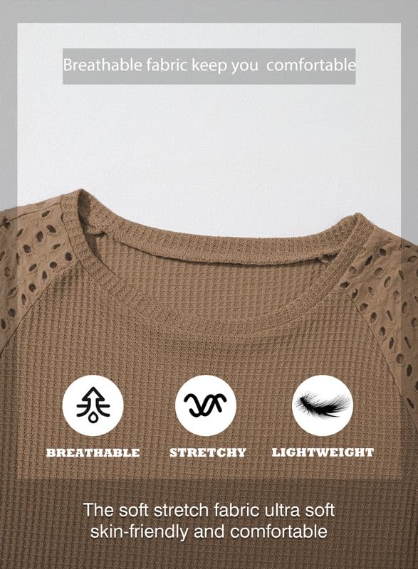 Women's Waffle Knit Tops Casual Crew Neck Hollow Out Raglan Short Sleeve Summer T-Shirts Blouses