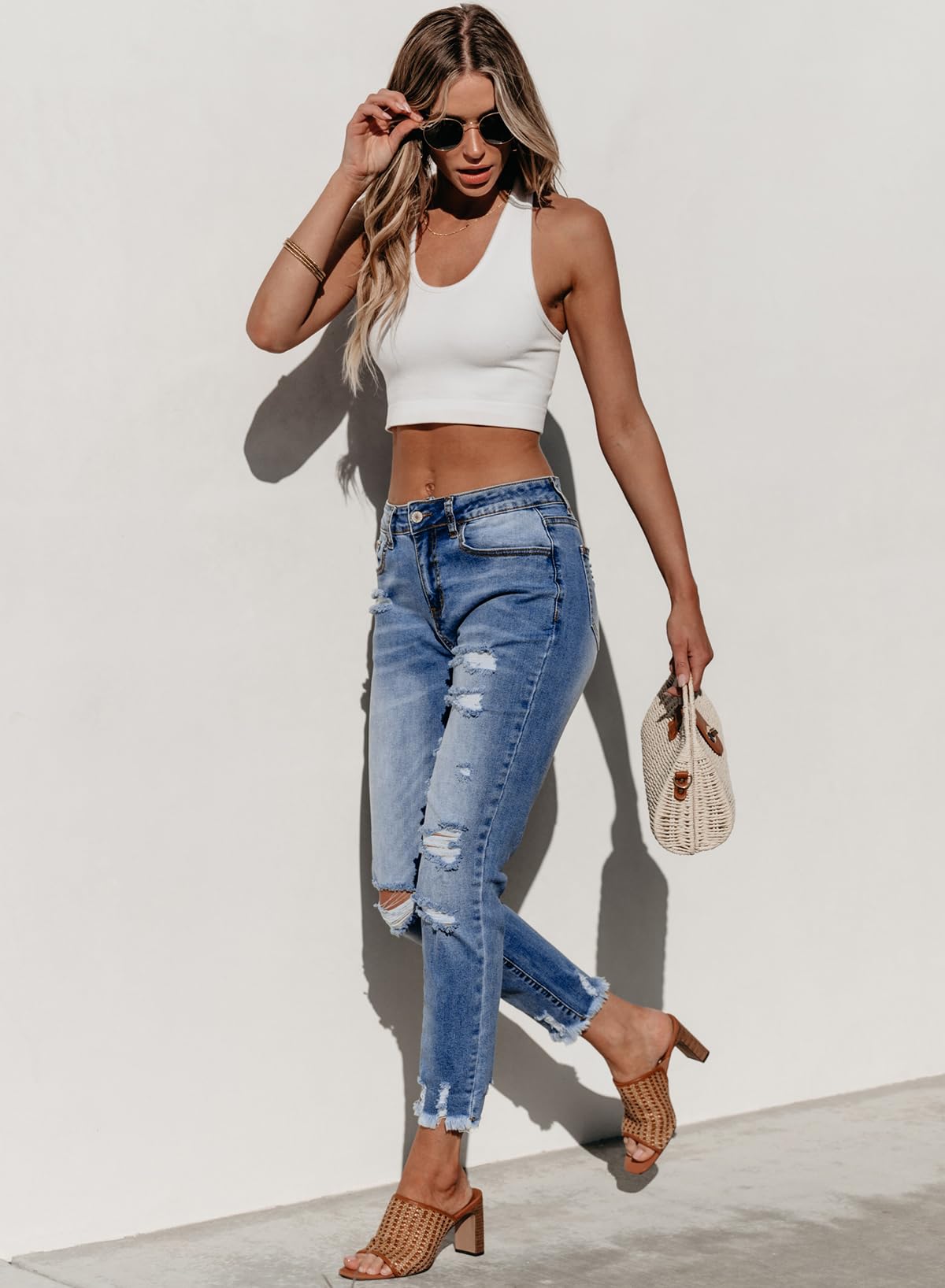 Women's Ripped Jeans Straight Leg Distressed Boyfriend Denim Pants