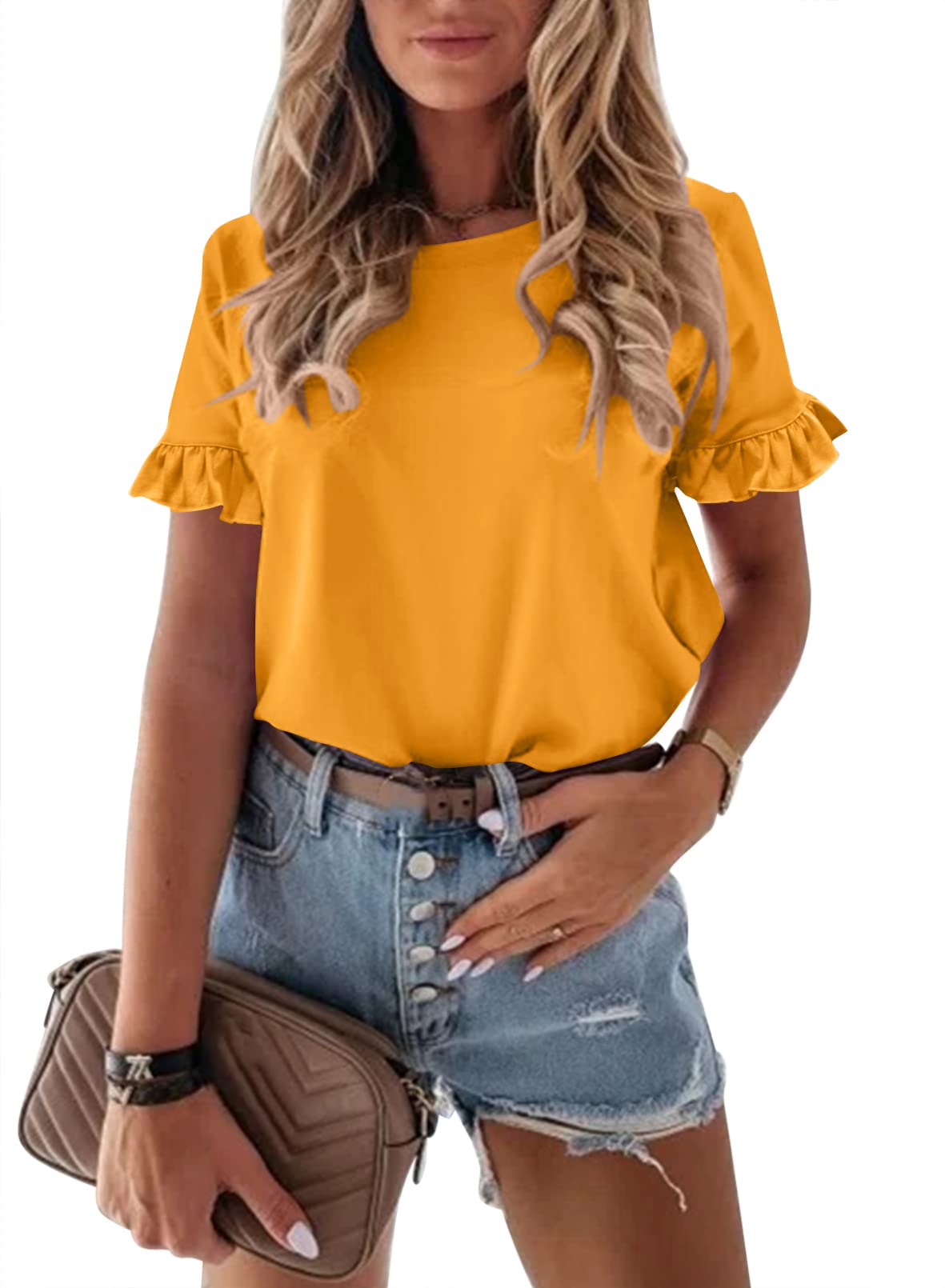 Women's Short Sleeve Casual T Shirts Summer Ruffle Plain Round Neck Loose Fit Tee Blouse Tops