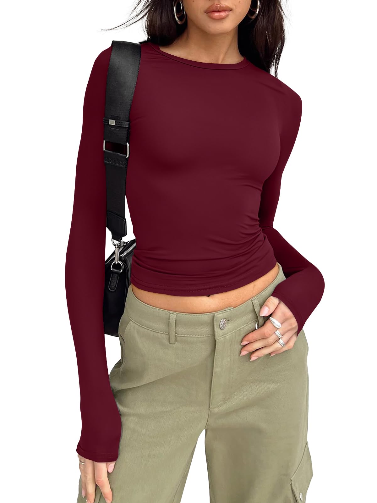 Trendy Queen Womens Long Sleeve Shirts Basic Crop Tops Tight Slim Fit Cute Teen Girls Fall Winter Y2k Clothes