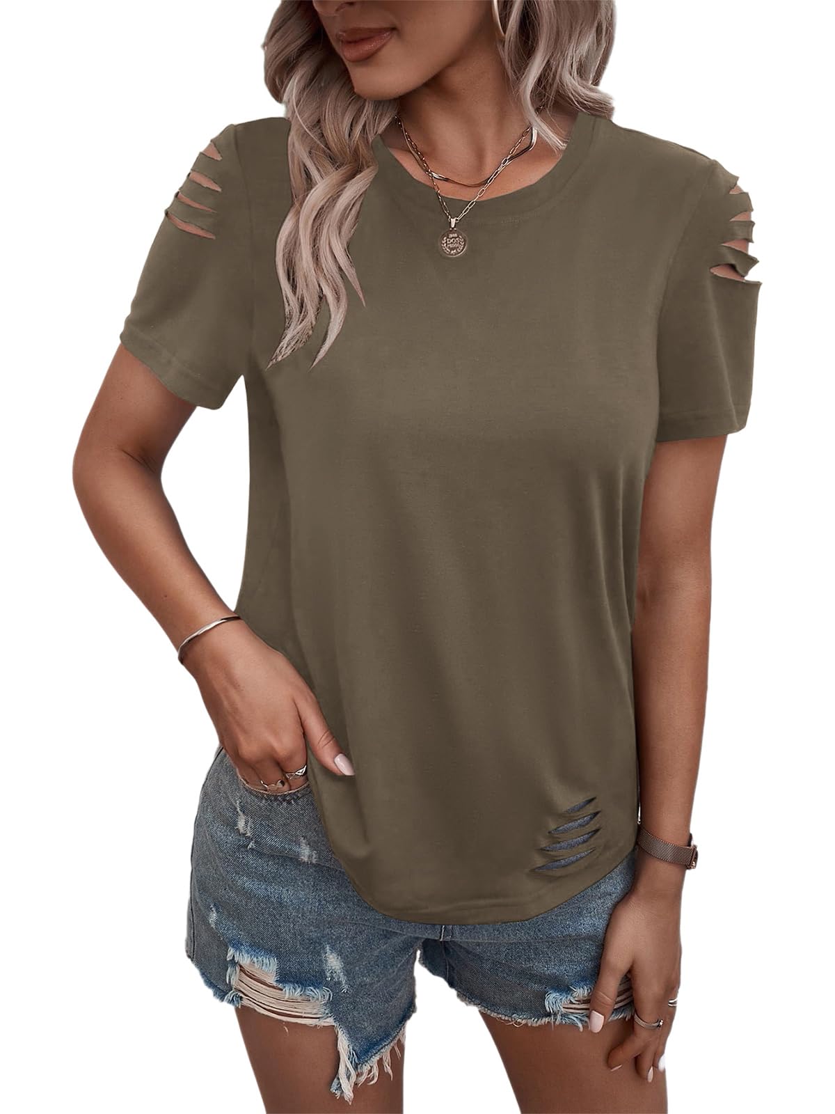 Women's Short Sleeve T Shirts Crew Neck Ripped Cut Out Summer Casual Basic Tees Tops