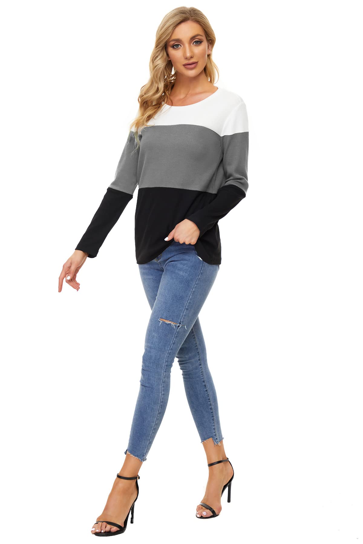 Womens Color Block Loose Long/Short Sleeve T Shirts Casual Comfy Tops