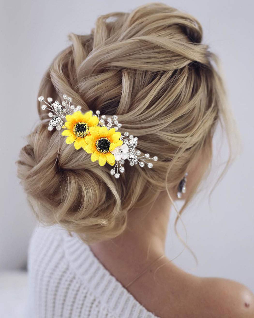 Jeairts Sunflower Bride Wedding Hair Comb Crystal Pearl Bridal Hair Pieces Leaf Side Combs Hair Dress Decorative Hair Accessories for Women and Girls (1-Silver)
