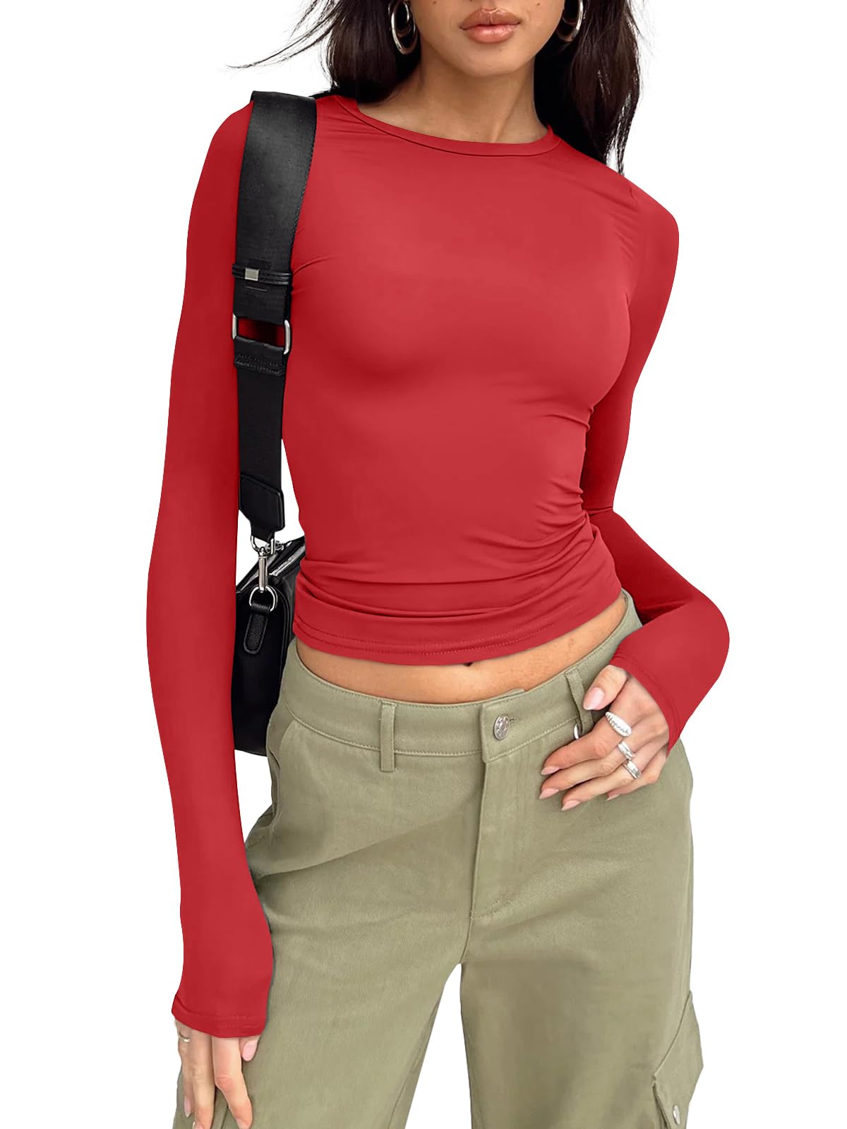 Trendy Queen Womens Long Sleeve Shirts Basic Crop Tops Tight Slim Fit Cute Teen Girls Fall Winter Y2k Clothes