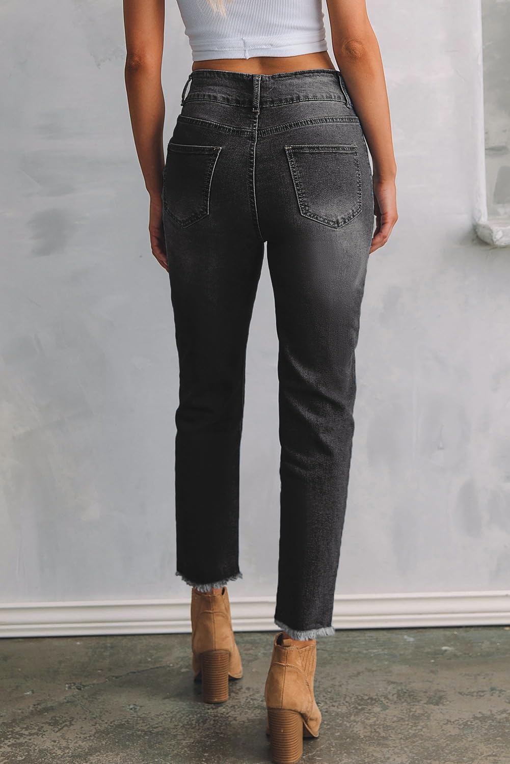 Women's High Waisted Jeans Strechy Raw Hem Straight Leg Denim Pants with Pockets