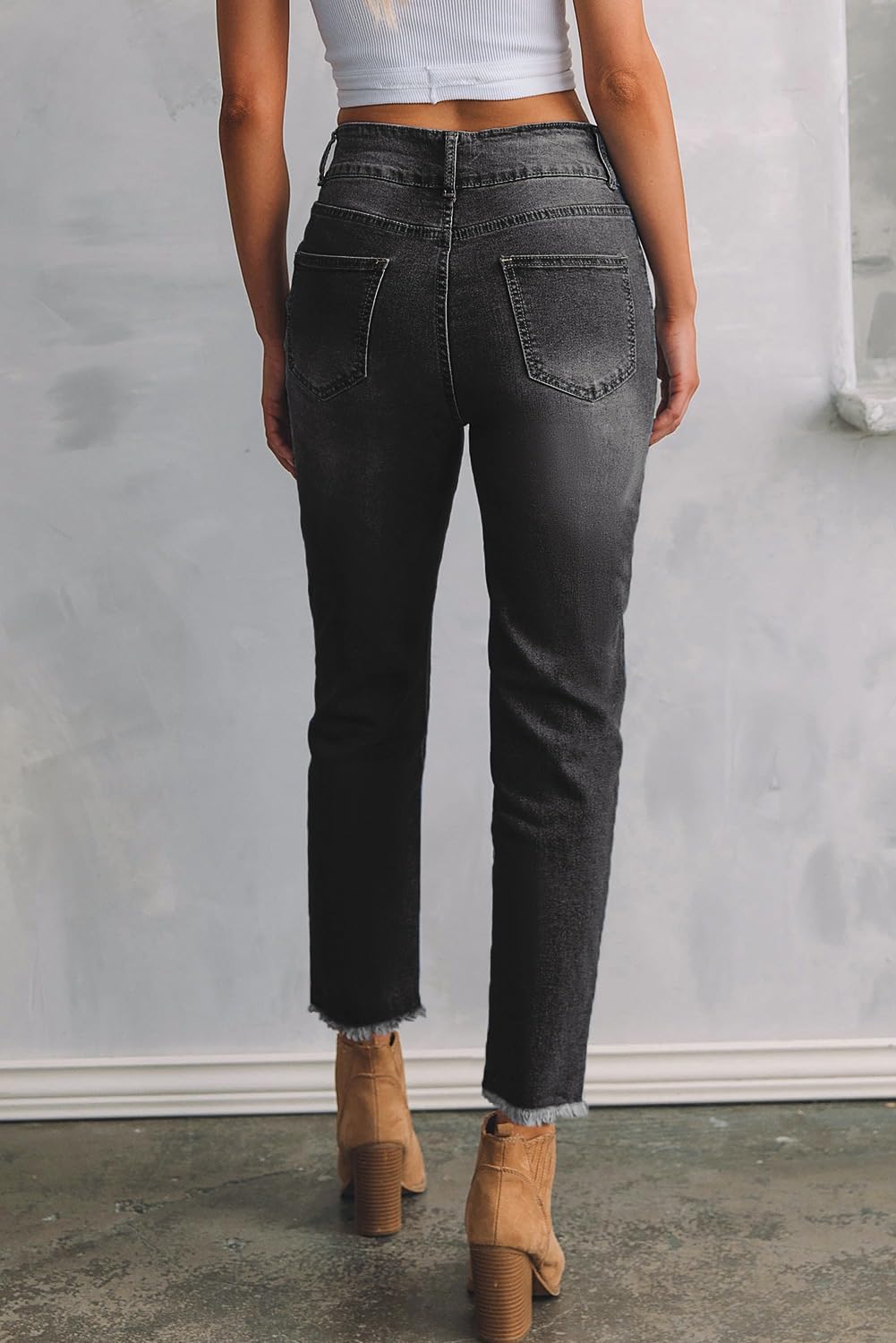 Women's High Waisted Jeans Strechy Raw Hem Straight Leg Denim Pants with Pockets