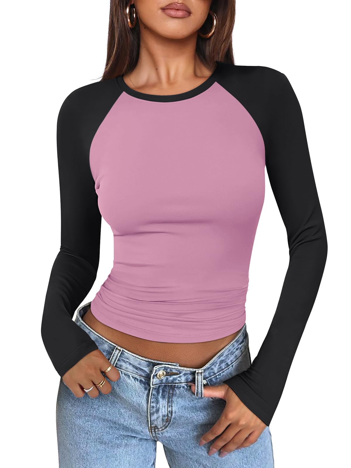 Women's Long Sleeve Shirts Slim Fit Stretchy Color Block Slightly Cropped Tops