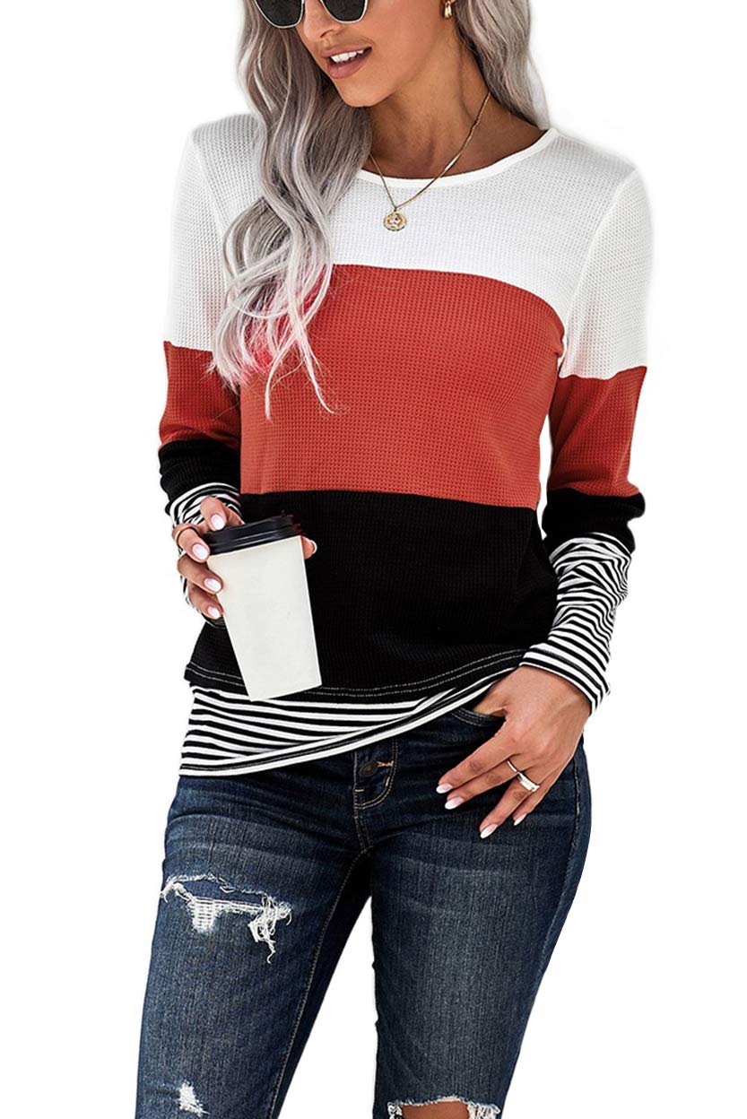 Womens Color Block Loose Long/Short Sleeve T Shirts Casual Comfy Tops