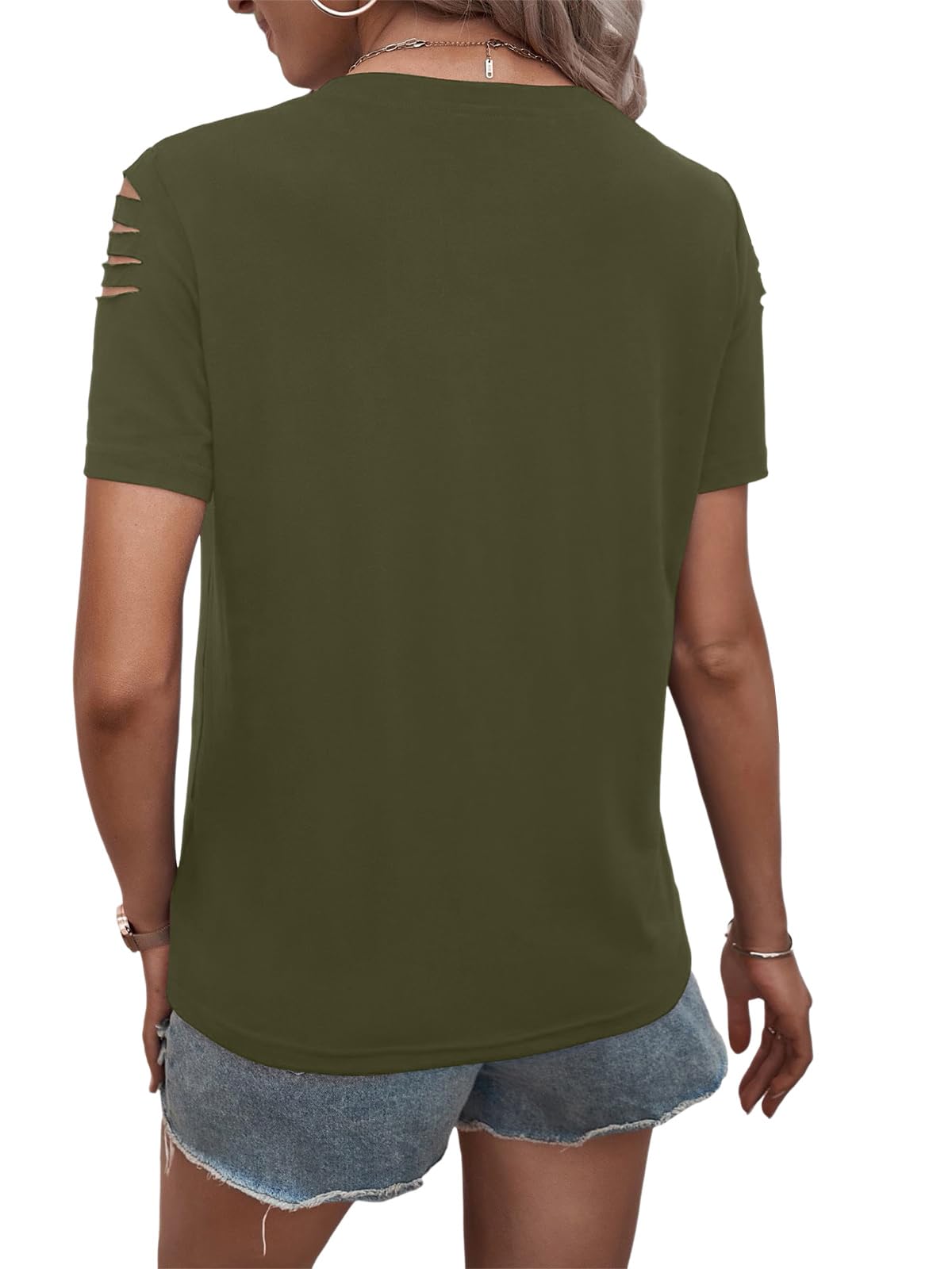 Women's Short Sleeve T Shirts Crew Neck Ripped Cut Out Summer Casual Basic Tees Tops