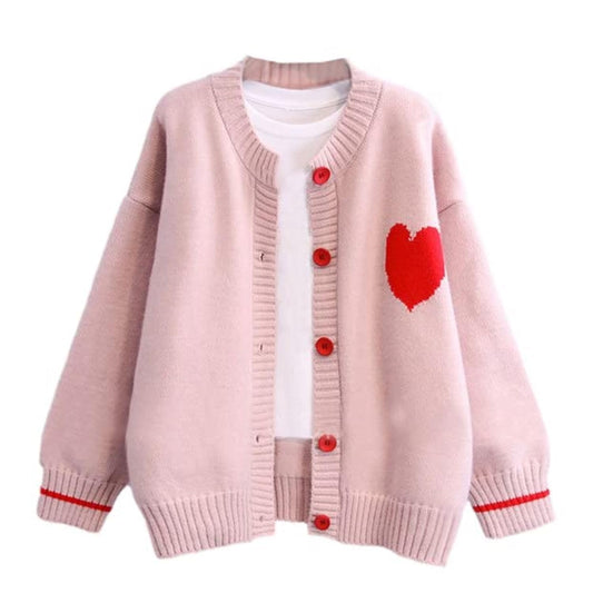 FindThy Women's Cute Cardigan Sweater Kawaii Love Heart Print Y2K Button Knitted Outerwear