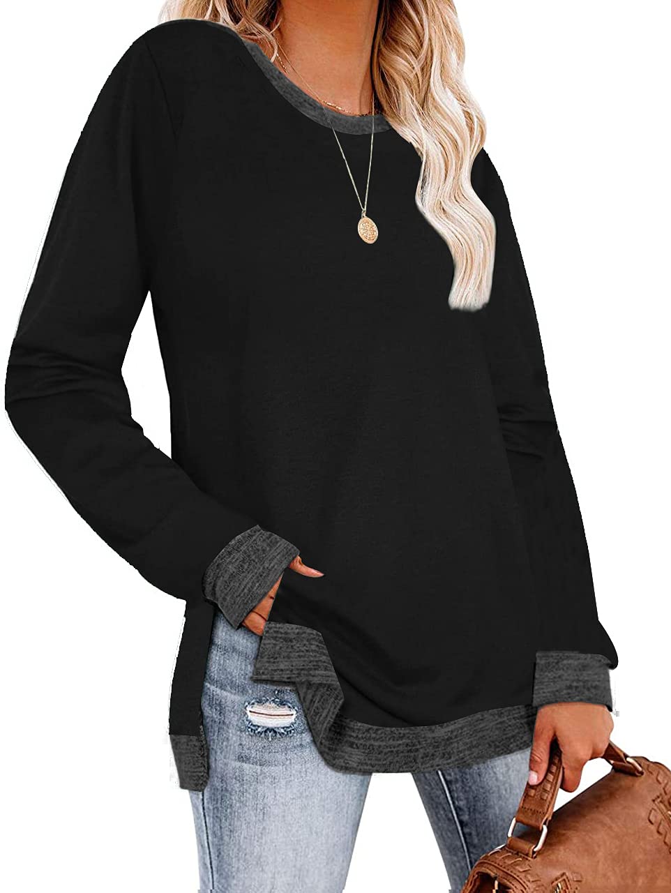 Womens Crewneck Pullovers Color Block Long Sleeve Side Split Tunic Tops