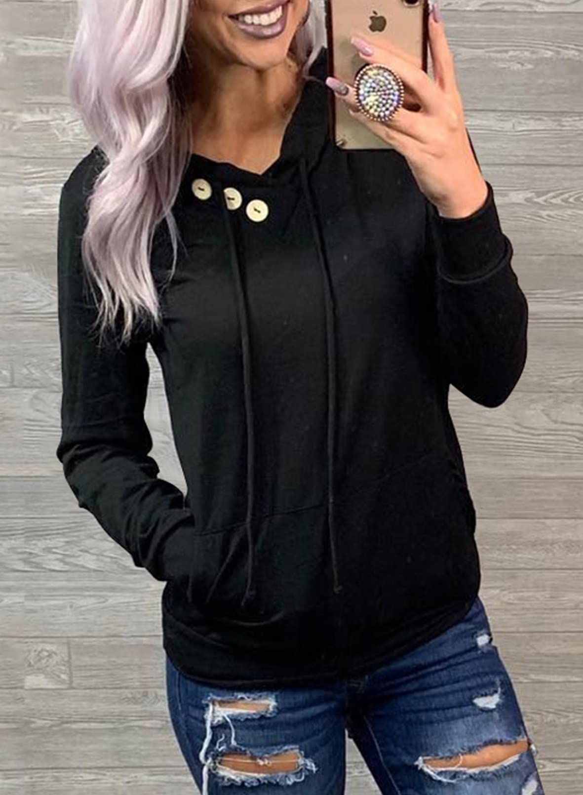 Women's Casual Long Sleeve Hoodies Sweatshirts Drawstring Pullover Tunic Tops With Pockets