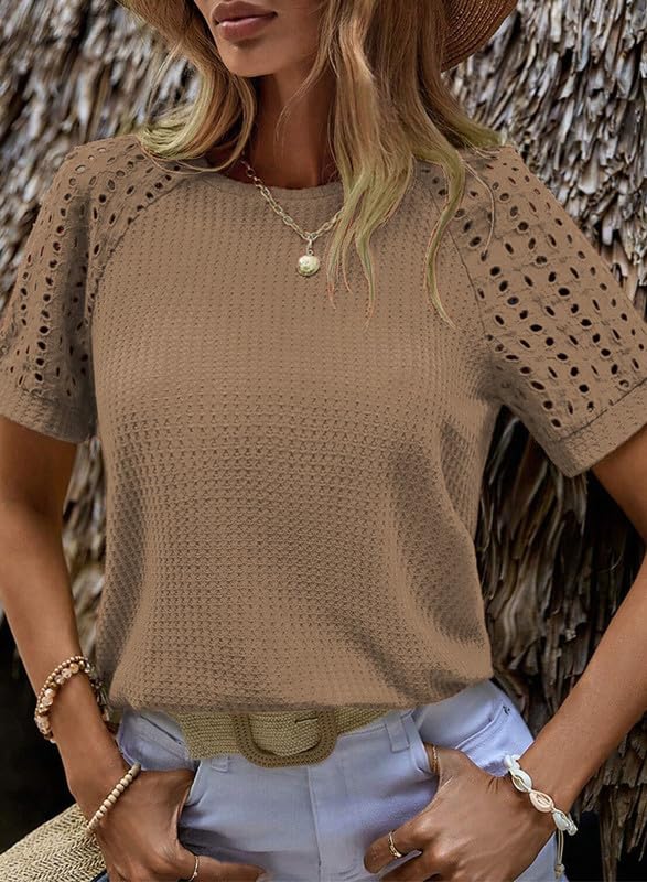 Women's Waffle Knit Tops Casual Crew Neck Hollow Out Raglan Short Sleeve Summer T-Shirts Blouses