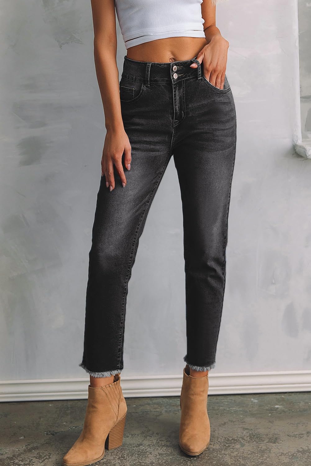 Women's High Waisted Jeans Strechy Raw Hem Straight Leg Denim Pants with Pockets