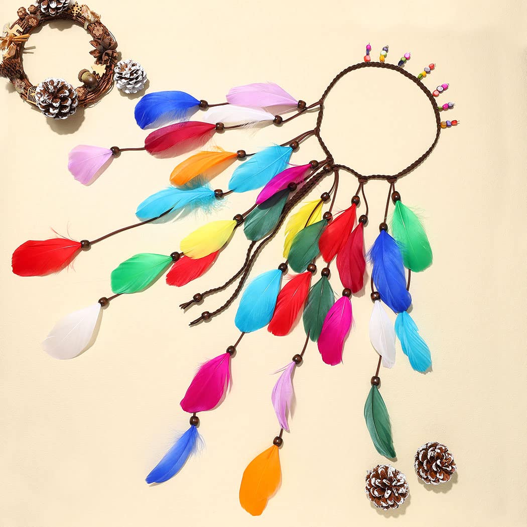 GORTIN Boho Feather Headband Gypsy Headpiece Headdress Bohemian Hippie Headbands Indian Festival Hair Band Adjust Long Feather Hair Accessories for Women and Girls (Black+Green)