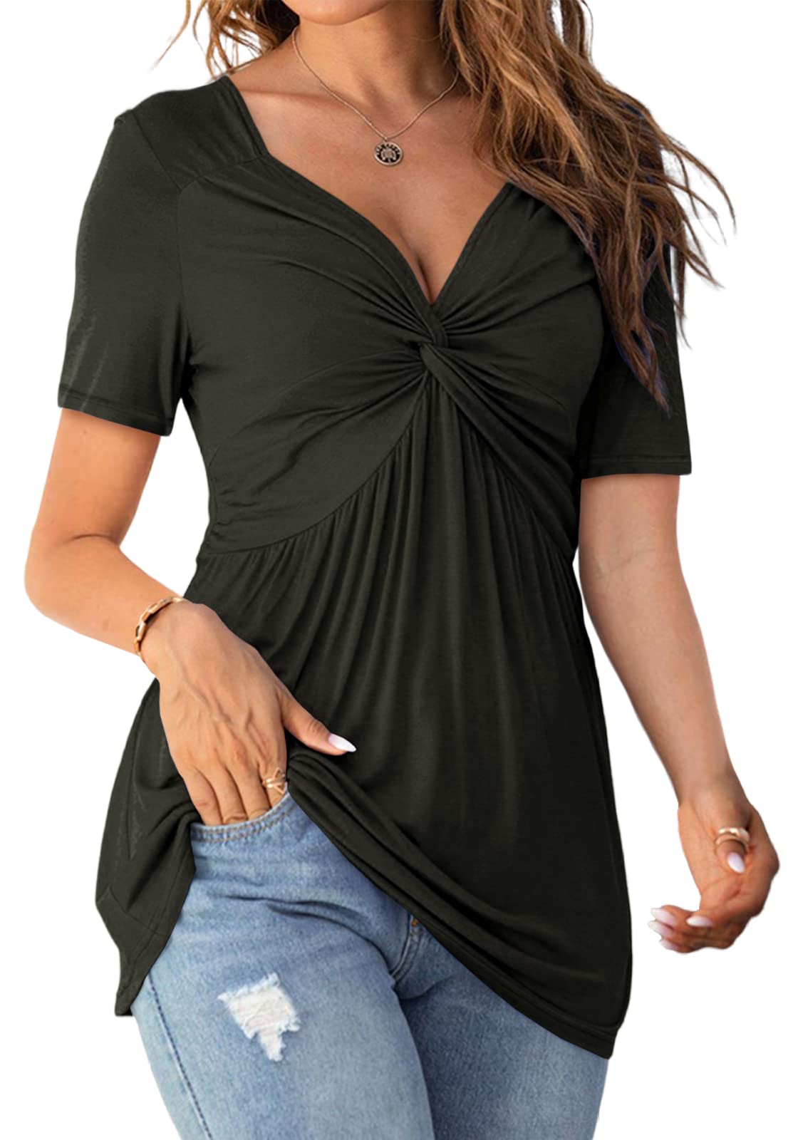 Womens Front Knotted V-Neck Blouse T Shirt Short Sleeve Oversized Tunic Tops Summer Solid Pullover Tees