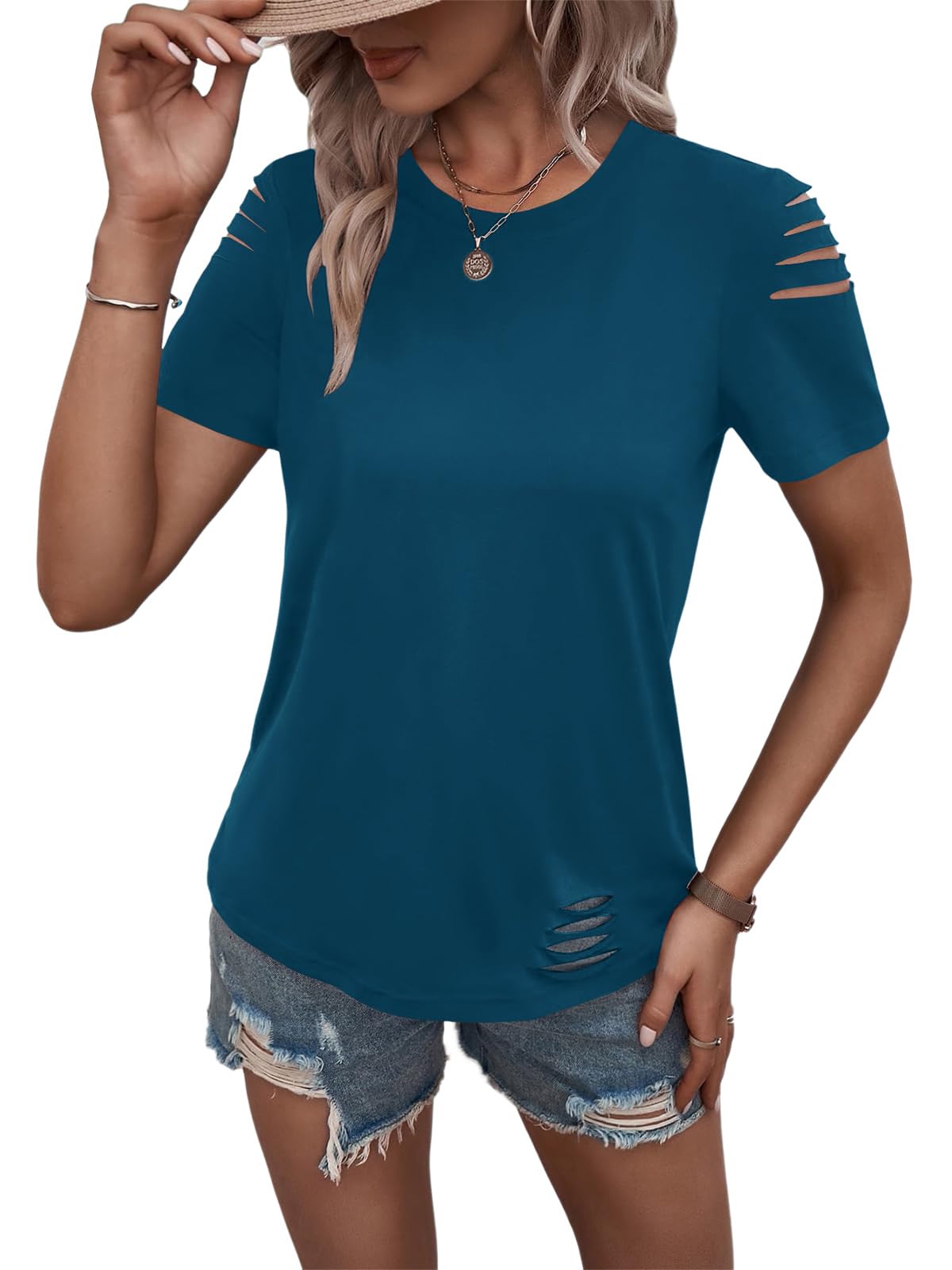 Women's Short Sleeve T Shirts Crew Neck Ripped Cut Out Summer Casual Basic Tees Tops