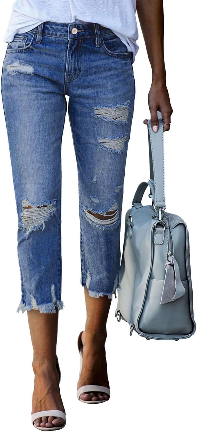 Women's Ripped Jeans Straight Leg Distressed Boyfriend Denim Pants