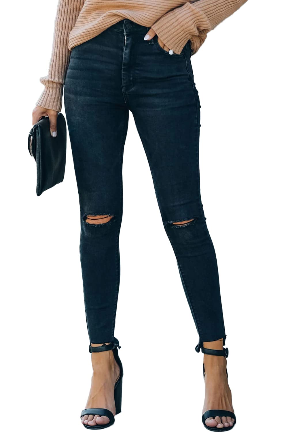 Women's High Rise Skinny Stretch Ripped Jeans High Waisted Destroyed Denim Pants