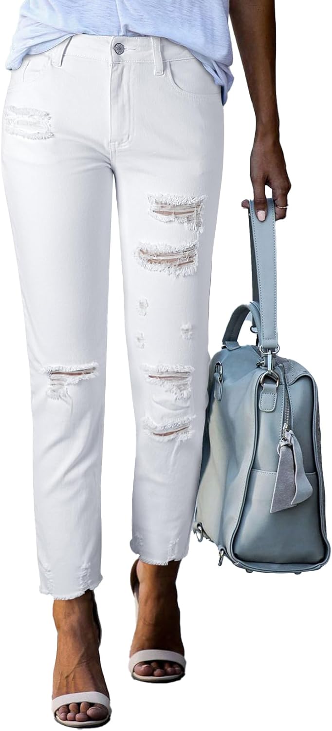 Women's Ripped Jeans Straight Leg Distressed Boyfriend Denim Pants